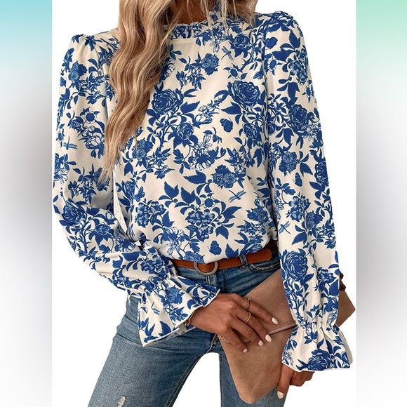 SHEIN Tops - Blue & White Floral Blouse